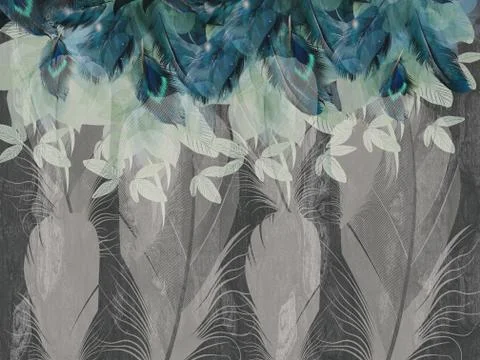 Abstract illustration, dark gray background, gray and blue feathers Stock Illustration