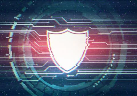 Abstract illustration of distorted display screen with shield icon Illustrazione stock