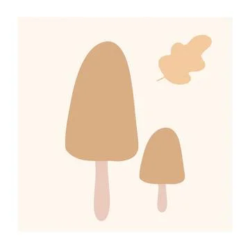 Abstract illustration featuring two simplistic mushrooms and a leaf on a soft Stock Illustration