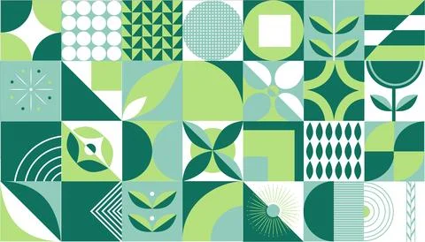 Abstract illustration with geometric pattern and plant elements in green tone Illustrazione stock