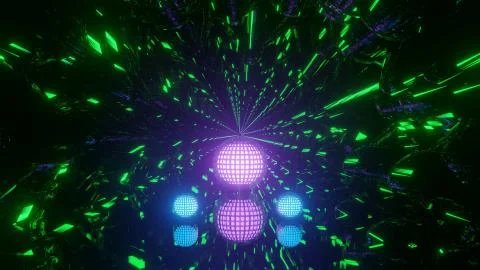 An abstract illustration of a green sci-fi tunnel with purple and blue glowin Ilustración de archivo