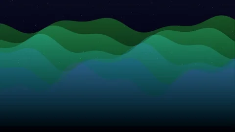Abstract illustration of layered green waves against a starry night sky Video stock 335118136