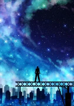 Abstract illustration of a man on top of a structure looking at space Stock Illustration
