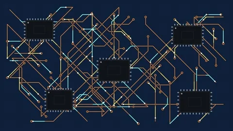 Abstract illustration of microchips connected with glowing digital circuit .. Stock Footage 346981223
