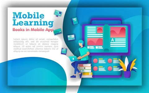 Abstract illustration for mobile learning and education. students sit in pile Stock Illustration