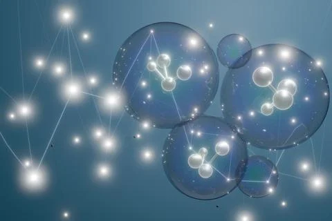 Abstract illustration of molecular structures with glowing elements Stock Illustration