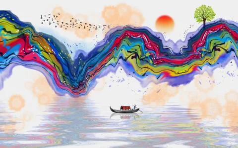 Abstract illustration, multi-colored wave, boat on the water, the sun Stock Illustration