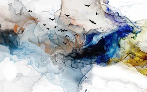 Abstract illustration, multi-colored wavy smoke, a flock of black birds Stock Illustration