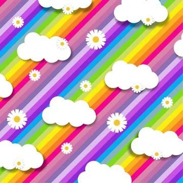 Abstract illustration of multiple flower and clouds icons against multicolored Stock Illustration