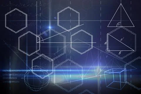 Abstract illustration of multiple white geometrical shapes against blue Illustrazione stock