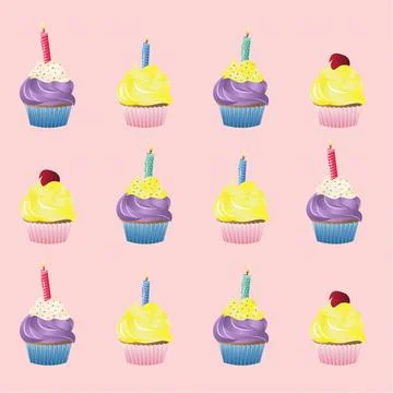 Abstract illustration of set of multiple delicious cupcakes against pink Stock Illustration