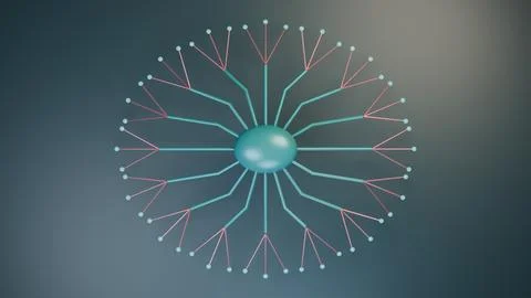 Abstract illustration showing a central sphere connected to multiple branch.. 库存插图