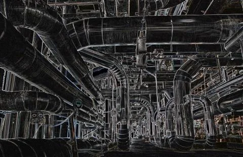 Abstract illustration of a tangle of pipes, ladders, walkways Stock Illustration