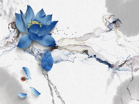 Abstract illustration, white background, dark smoke, two large blue flowers Stock Illustration
