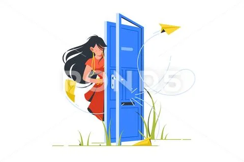 Abstract illustration of woman opening door for unsubscribe. Stock Illustration