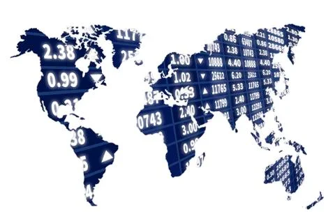 Abstract illustration of world map over stock market dynamic screen Ilustração Stock