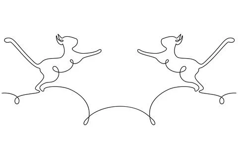 Abstract image of 2 cats jumping towards each other drawn by one continuous line Stock Illustration