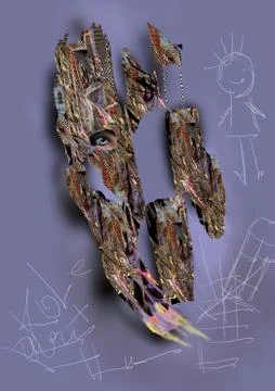 Abstract image of a bark with an eye inside and child drawings around, raster Stock Illustration