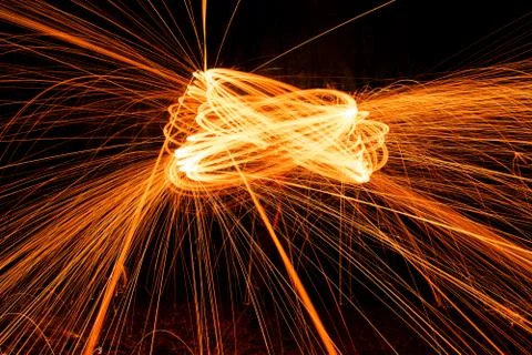 Abstract Image of Burning Wirewool being used to make circle like light trail Stock Photos