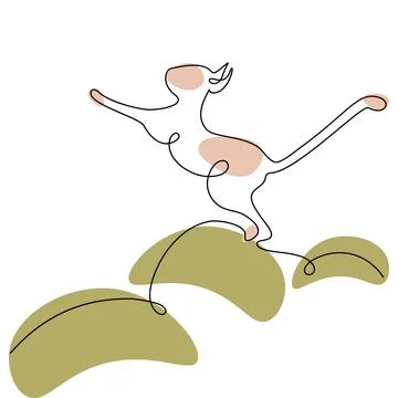Abstract image of a cat jumping up drawing in one line with colorful spots in Illustrazione stock