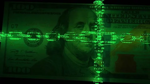 Abstract image of a chain from the texture of a binary code encircling banknotes Stock Footage 220372109