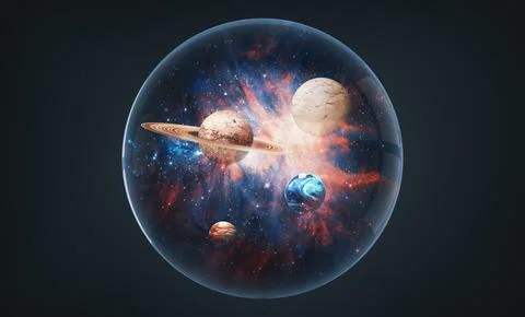 Abstract image collage of outer space planets inside of glass sphere Stock Photos