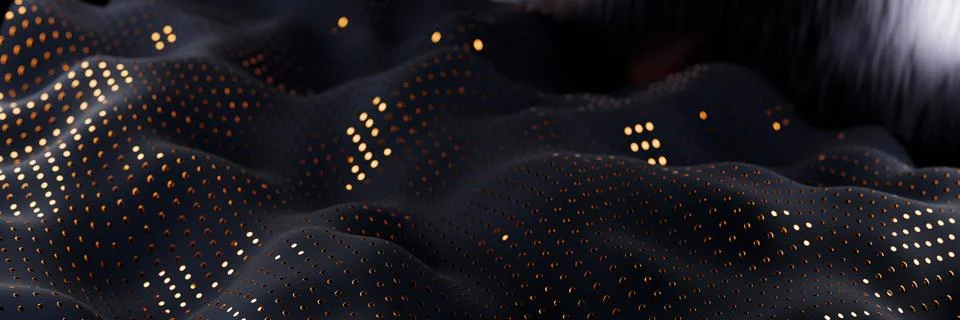 Abstract image of a dark, wavy surface with small, illuminated dots. Illustrazione stock