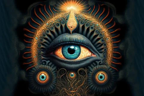  Abstract image of an eye with spiritual abstract images.  Stock Illustration