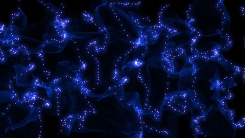 Abstract image featuring blue light particles and waves on a dark background Stockbeeldmateriaal 281194314