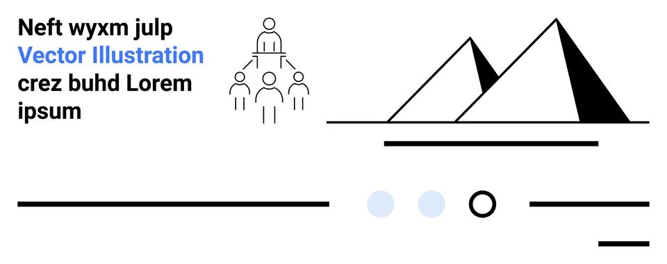 Abstract image featuring a pyramid, text elements, outlined people forming a  Illustrazione stock