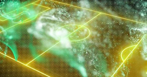 Abstract image of glowing particles and lines over soccer field layout Stock Illustration