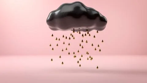 Abstract image of golden rain going from black cloud flying over pink background Stock Illustration