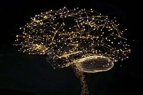 Abstract image of a human brain network with glowing connections on a black.. Stock Photos