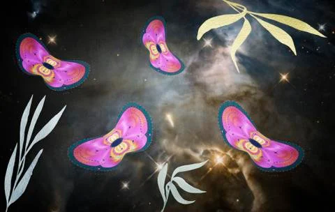 Abstract image of moths on a dark background. Stock Illustration