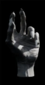 Abstract image of old wrinkled hand from hexagon grid, honeycomb. In gray h.. Illustrazione stock