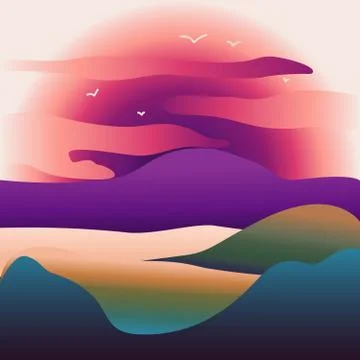 Abstract image of a sunset or dawn sun over the mountains at the background and Stock Illustration