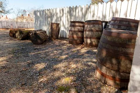 An abstract image with a theme of colonial USA lifestyle with old liquor barrels Stock Photos