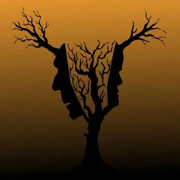 Abstract image of trees silhouettes with faces of man and woman old men and Stock Illustration