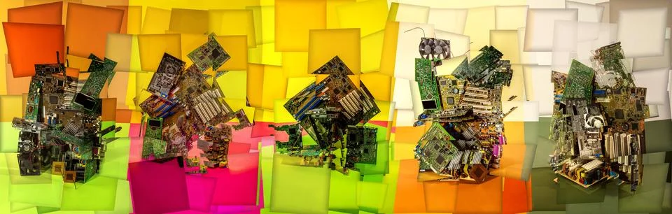 An abstract image of various computer circuit boards on a colored background. Stock Photos