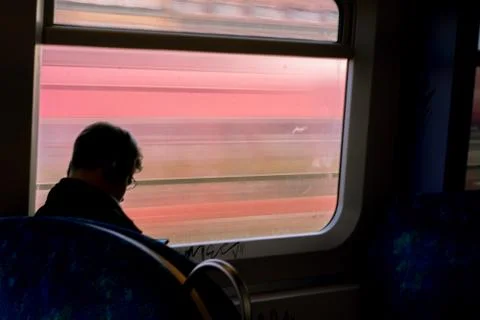 ABSTRACT IMAGE FROM WINDOW IN A TRAIN. DENMARK, COPENHAGUE, MARCH 2019 Stock Photos