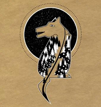 Abstract image of a wolf, a dense forest and a lonely person. Fairytale Stock Illustration