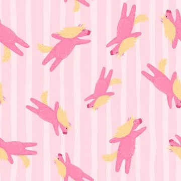 Abstract imagination seamless pattern with random unicorn pink ornament. Stri Illustrazione stock