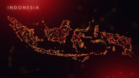 Abstract Indonesia Map Digital Network Background With Red And Orange Plexu.. Illustrazione stock