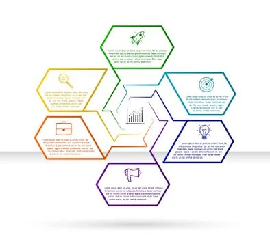 Abstract infographic design template with six text and icon elements. Stock Illustration