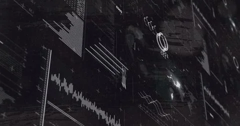 Abstract interface displaying data in tech center, with waveform chart, bar 写真素材