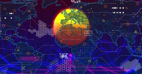 Abstract interface showing circular neon map highlight in dashboard, with Fotos de archivo