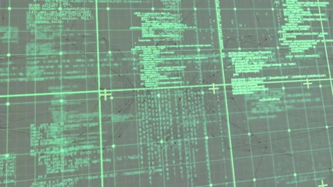 Abstract interface showing code overlaying green grid in scene, with network Stock Footage 307857960