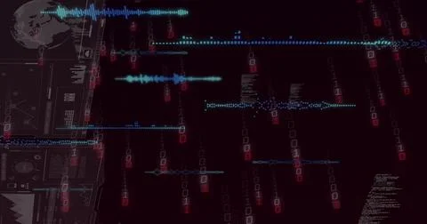 Abstract interface streaming waveforms and binary digits in digital workspace, Stock Illustration