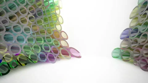 Abstract interior with  array of glass colored rings.  Stock Footage 89194477