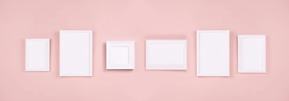 Abstract interior of gallery with set of many different white blank photo fra Stock Photos